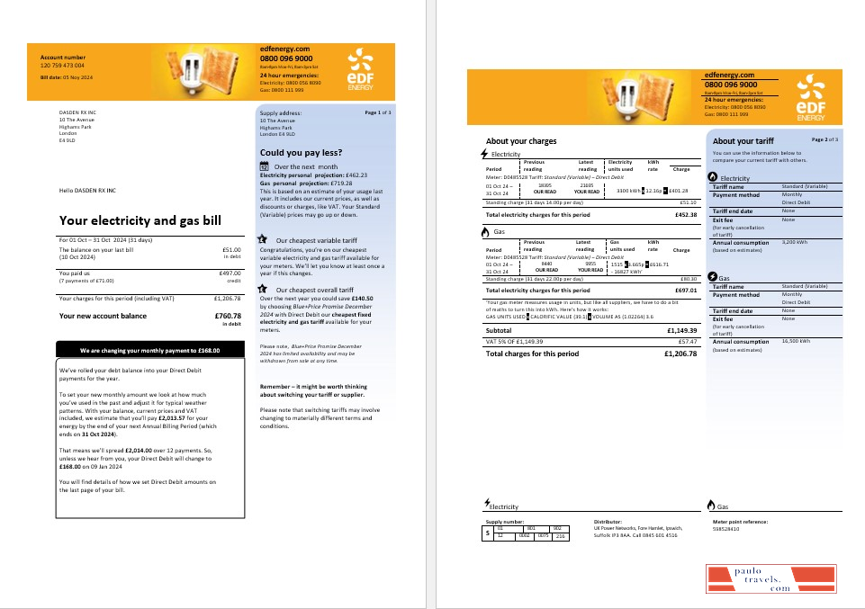 United Kingdom EDF business utility bill template in Word and PDF formats, 3 pages